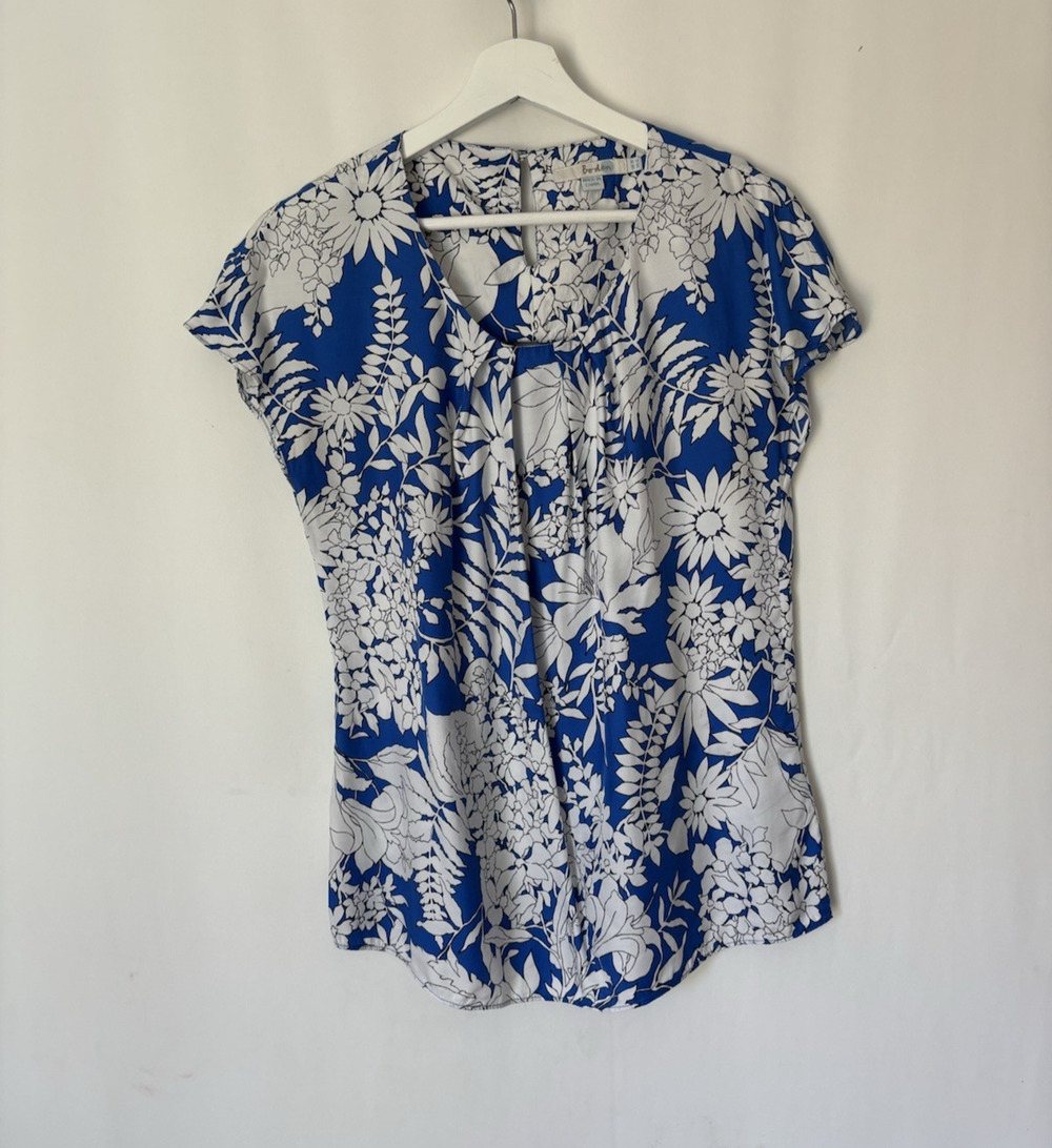Boden Top Shirt Blouse 6 White Blue Floral Boho Short Sleeve